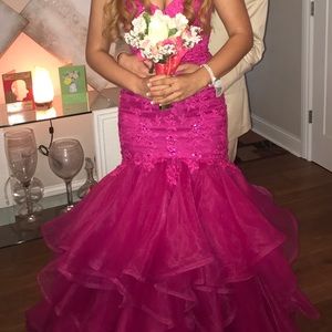 8591 Fuschia Tulle Detail Mermaid Dress